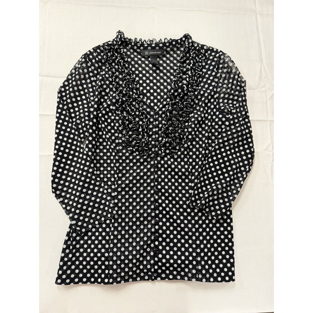 INC International Concepts Black White Polka Dot Ruffle Mesh 3/4 sleeve Top L